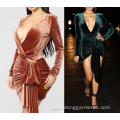 Womens V-neck Sexy Long Sleeve Velvet Bodycon Dress